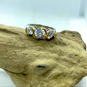 Prime Art & Jewel PAJ Signed Gold Sterling Silver CZ Ring Sz 6-1/4 Three Stone